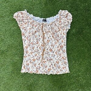 Y2K white and orange floral cotton blouse with tie-up detail